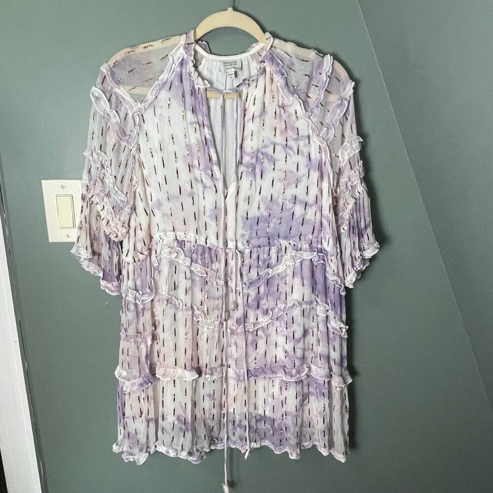 Hemant & Nandita Tunic Dress Cream Purple Pink Watercolor Gold Detail. Size XS.